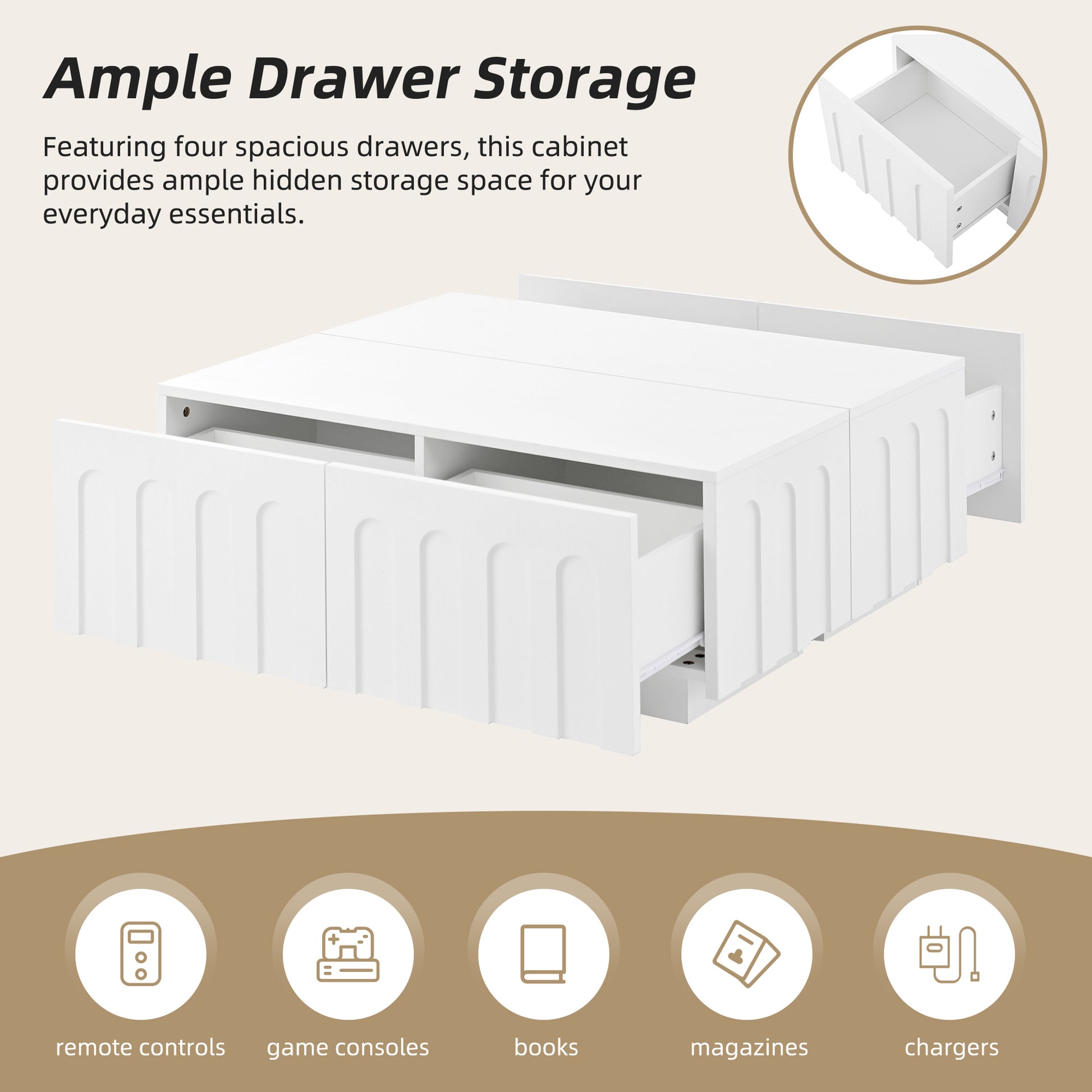 Modern Coffee Table with four hidden drawers for storing remotes, books, and chargers, part of TV Stand and Coffee Table Set.