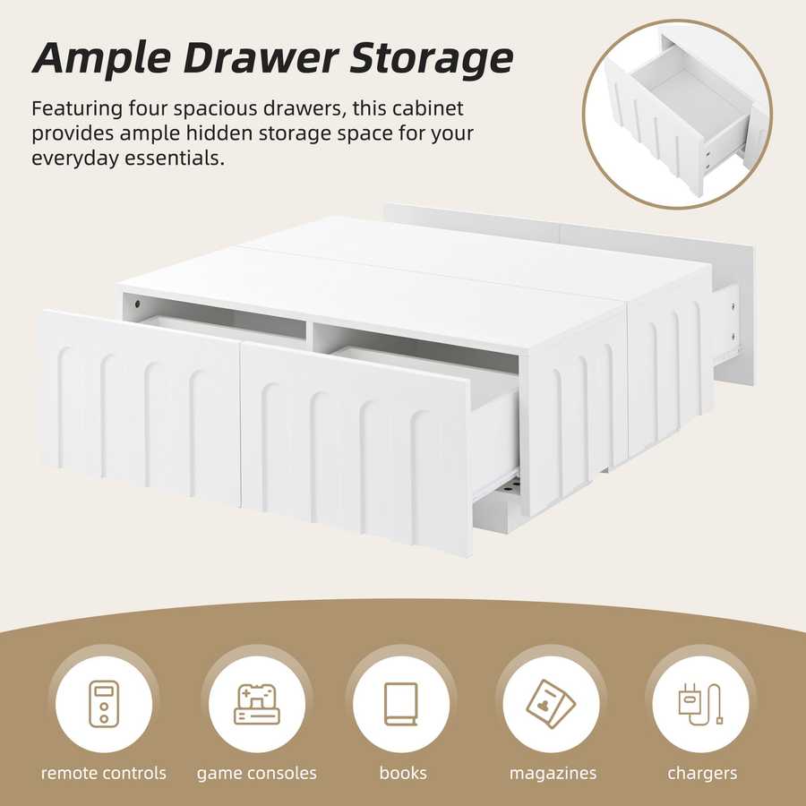 Modern Coffee Table with four hidden drawers for storing remotes, books, and chargers, part of TV Stand and Coffee Table Set.