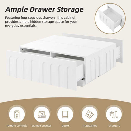 Modern Coffee Table with four hidden drawers for storing remotes, books, and chargers, part of TV Stand and Coffee Table Set.
