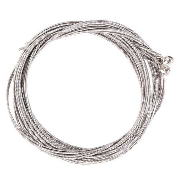 Coiled set of guitar strings on a white background