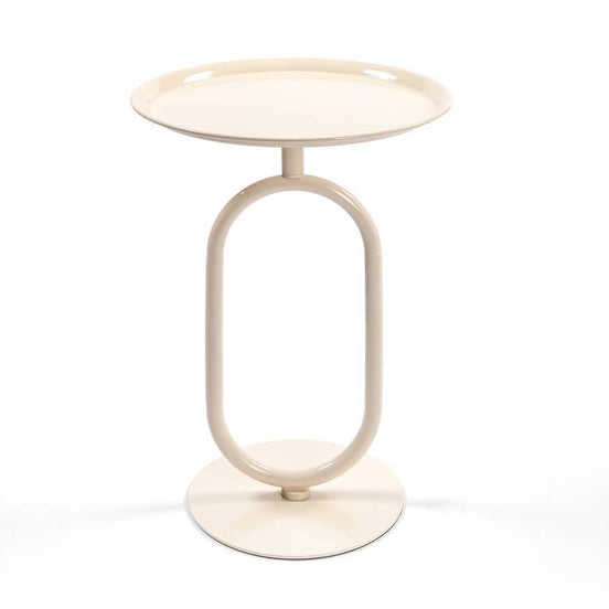 Lantern-shaped metal end table with modern oval frame and round top, ideal for small spaces and contemporary interiors.