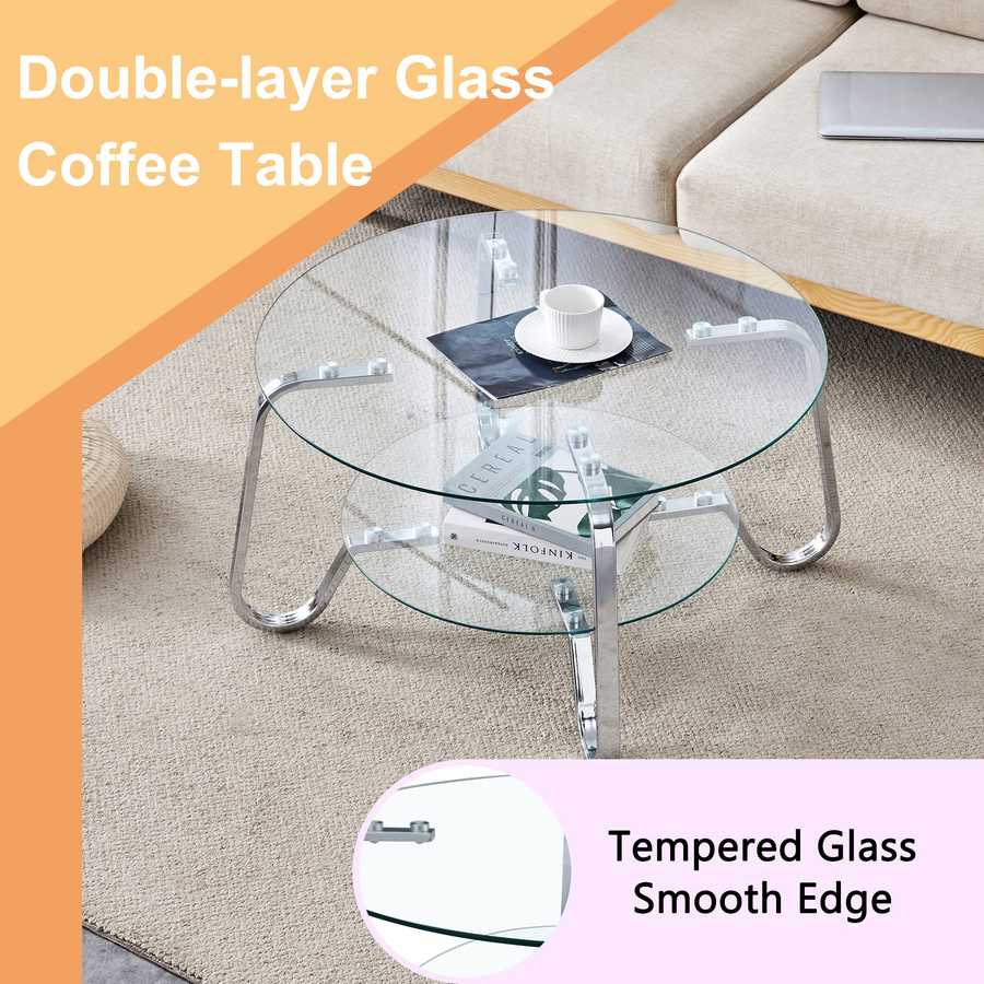 Double-layer Vintage Metal Frame Glass Coffee Table 31.5'' with tempered glass and smooth edges, ideal for modern interiors.