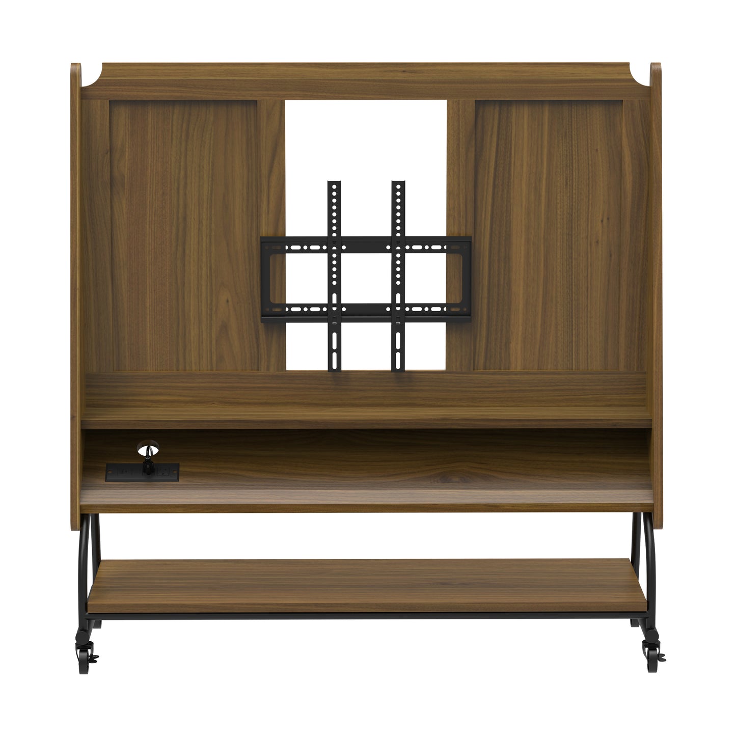 Front view of Adjustable Mobile TV Stand with Mount - Adjustable Cart with open shelving and universal TV mount bracket.