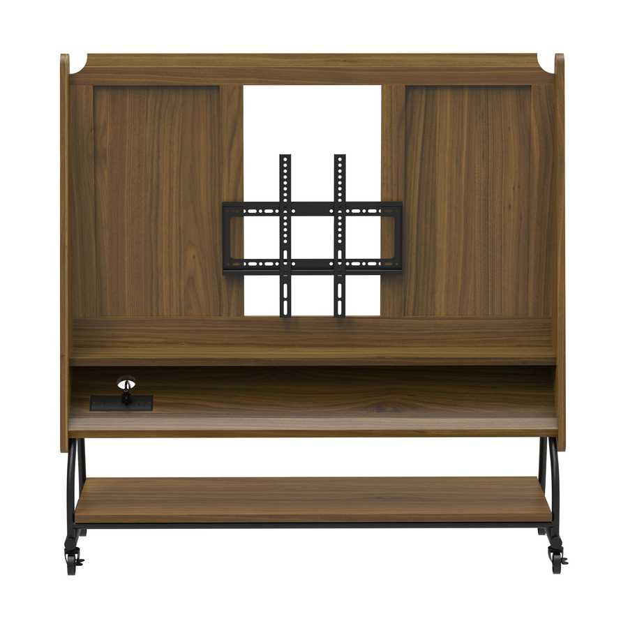 Front view of Adjustable Mobile TV Stand with Mount - Adjustable Cart with open shelving and universal TV mount bracket.