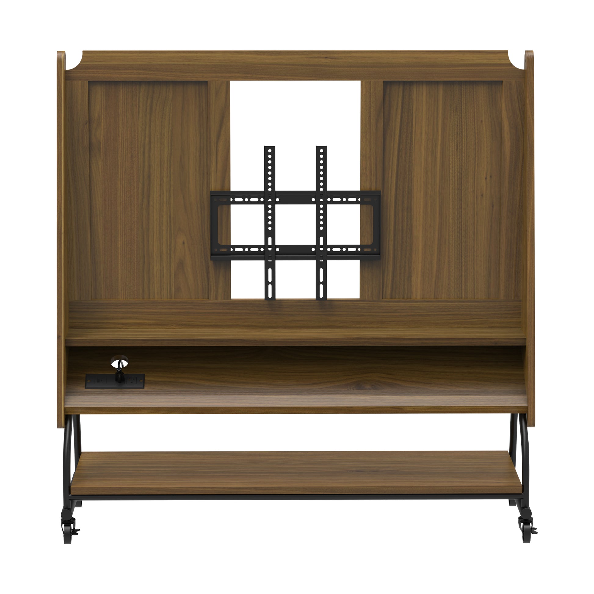 Front view of Adjustable Mobile TV Stand with Mount - Adjustable Cart with open shelving and universal TV mount bracket.