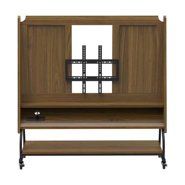 Front view of Adjustable Mobile TV Stand with Mount - Adjustable Cart with open shelving and universal TV mount bracket.