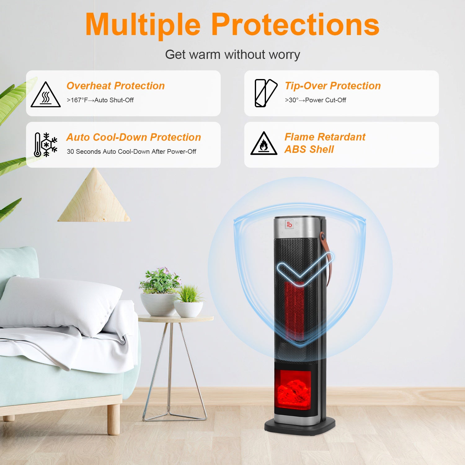 Portable Space Heaters for Indoor Use Large Room, 1500W Oscillating Ceramic Tower Space Heater with 3D Flame Portable Electric Heater with 3 Wind Modes 59-104℉Heating Remote Control 12H Timer Overheat Tip-Over Protection for Bedroom Office