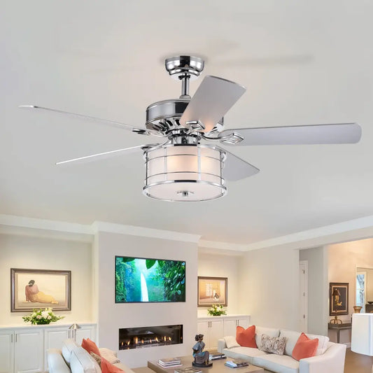 52" 3-Light Chrome Drum Shade LED Ceiling Fan + Remote, Traditional Farmhouse Rustic Industrial Bohemian Country Cottage Transitional Glam MLNshops]