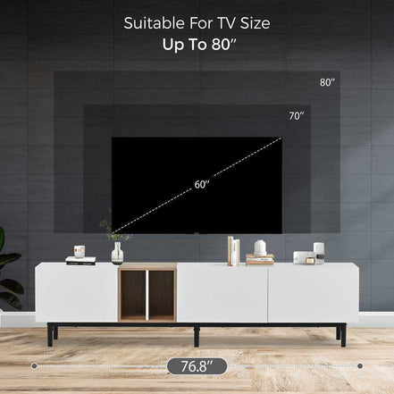 White entertainment center supports TVs up to 80 inches, measuring 76.8 inches wide with ample storage and minimalist style.