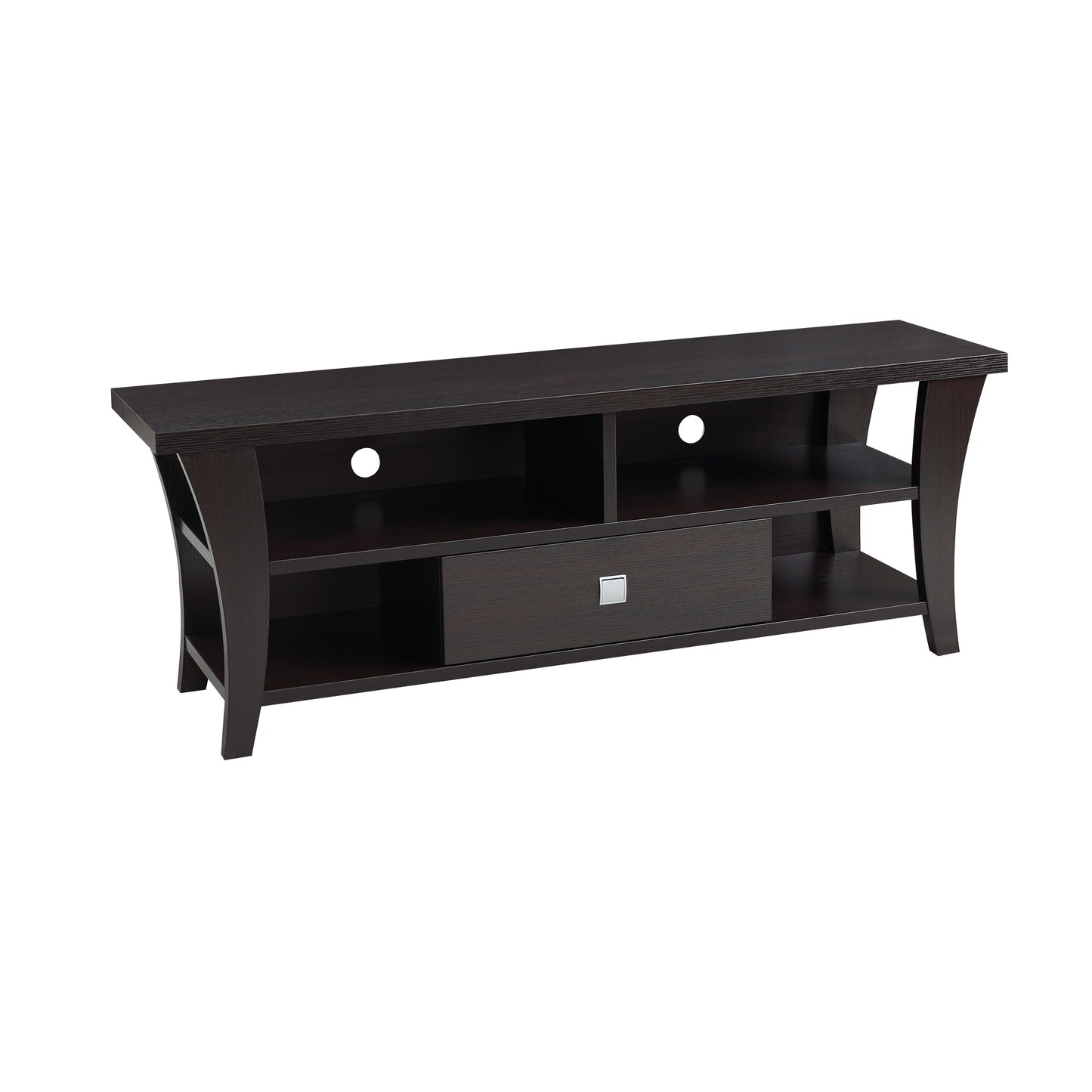 TV Stand with Storage in dark wood finish, featuring curved legs, divided shelves, and central drawer, ideal for 60-69 inch TVs.