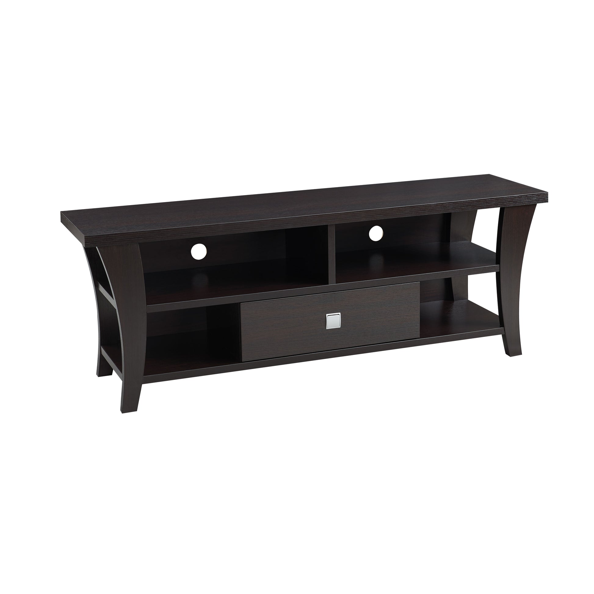 TV Stand with Storage in dark wood finish, featuring curved legs, divided shelves, and central drawer, ideal for 60-69 inch TVs.