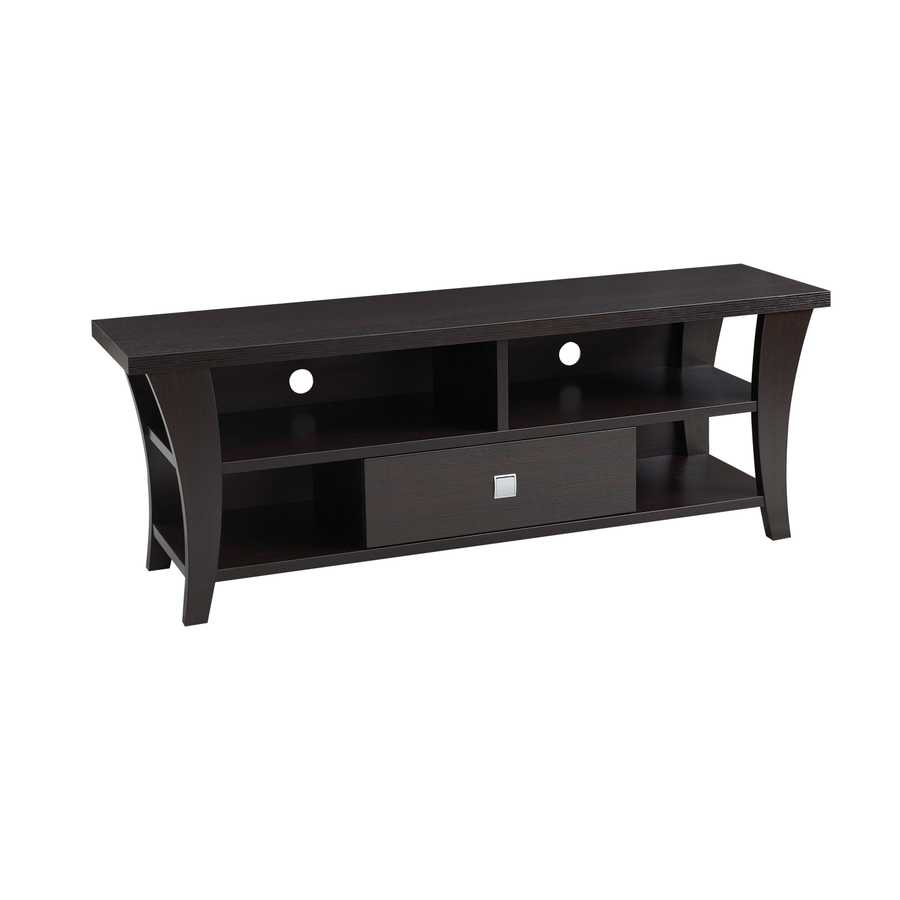 TV Stand with Storage in dark wood finish, featuring curved legs, divided shelves, and central drawer, ideal for 60-69 inch TVs.