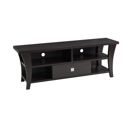 TV Stand with Storage in dark wood finish, featuring curved legs, divided shelves, and central drawer, ideal for 60-69 inch TVs.