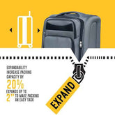 Gray expandable suitcase on a yellow background with text highlighting its expandability feature.