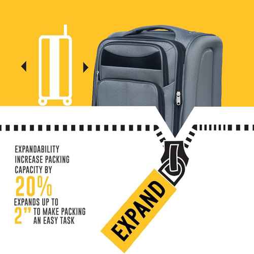 Gray expandable suitcase on a yellow background with text highlighting its expandability feature.