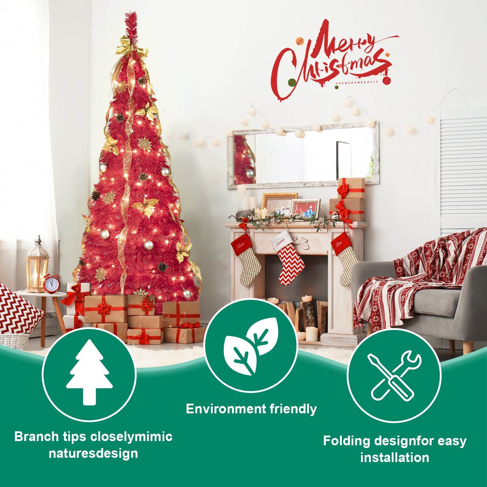 6FT Pop-Up Christmas Tree with LEDs & Decor - Space-Saving
