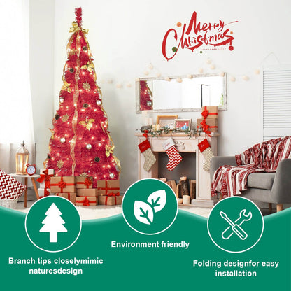 6FT Pop-Up Christmas Tree with LEDs & Decor - Space-Saving
