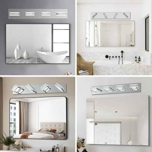 A 2x2 collage showing four bathroom mirror light fixtures mounted above mirrors in different interior settings: a minimalist bathroom, a spa-like vanity, a bedroom, and a modern hallway. The products are rectangular chrome wall-mounted lights with multiple adjustable mirror-slit elements.