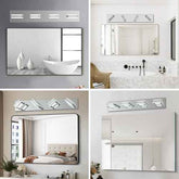 A 2x2 collage showing four bathroom mirror light fixtures mounted above mirrors in different interior settings: a minimalist bathroom, a spa-like vanity, a bedroom, and a modern hallway. The products are rectangular chrome wall-mounted lights with multiple adjustable mirror-slit elements.