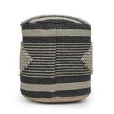 Textured cylindrical container with black and beige stripes on a white background
