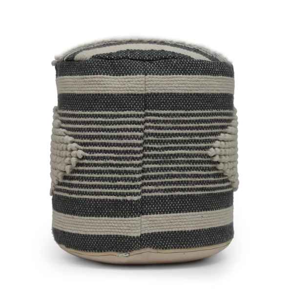 Textured cylindrical container with black and beige stripes on a white background