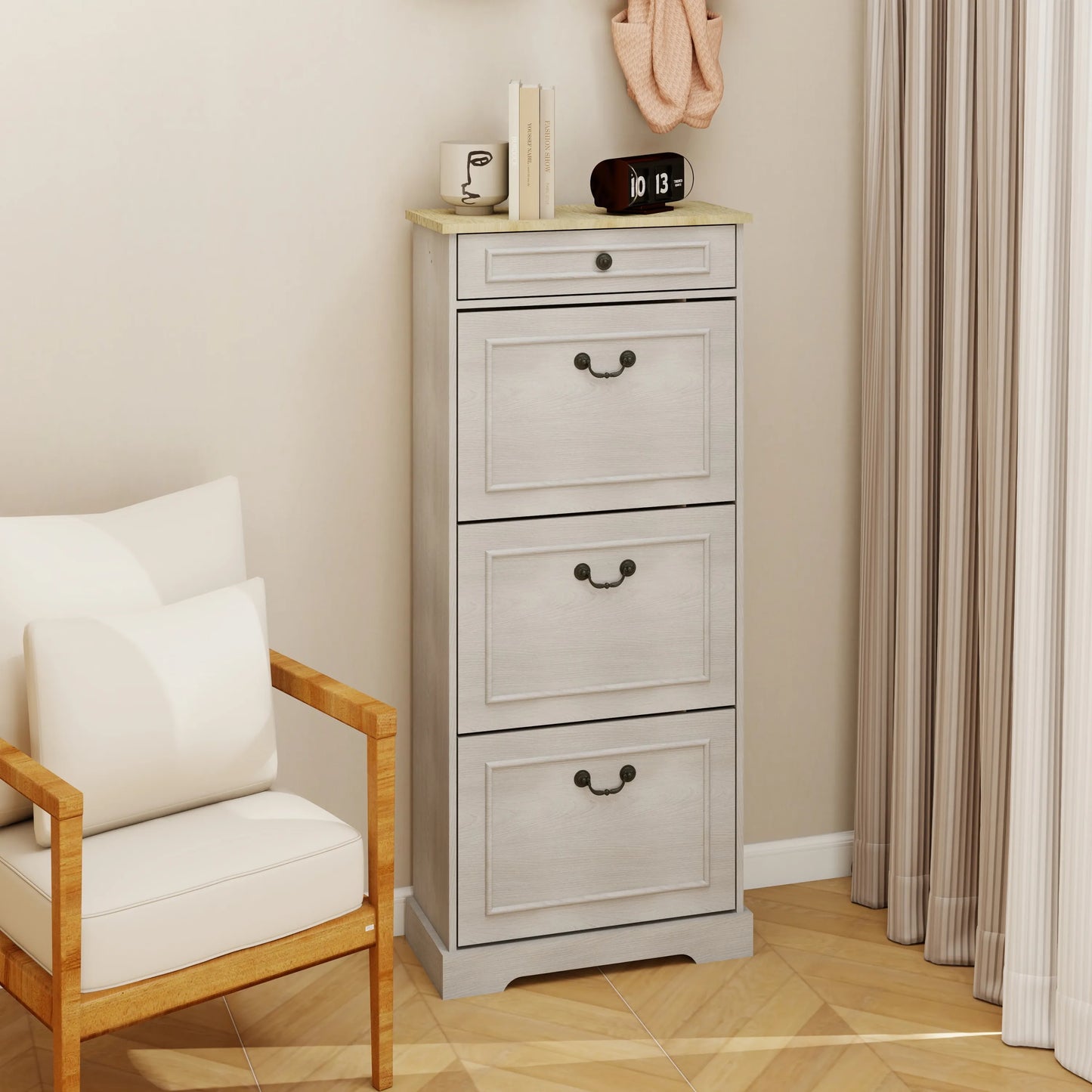 Shoe Storage Cabinet with 1 Drawer, 3 Flip Drawers, Freestanding Shoe Cabinet Organizer with Adjustable Shelf, Shoe Cabinet for Entryway, Foyer, Slim Shoe Cabinet-Antique White
