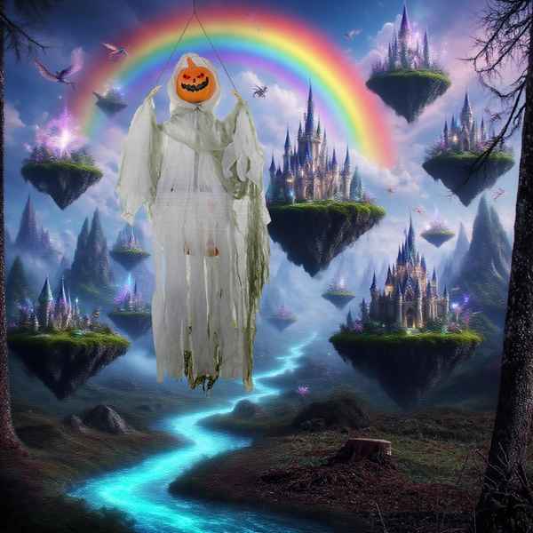 Ghost with pumpkin head in a fantasy landscape with castles, rainbow, and floating islands.