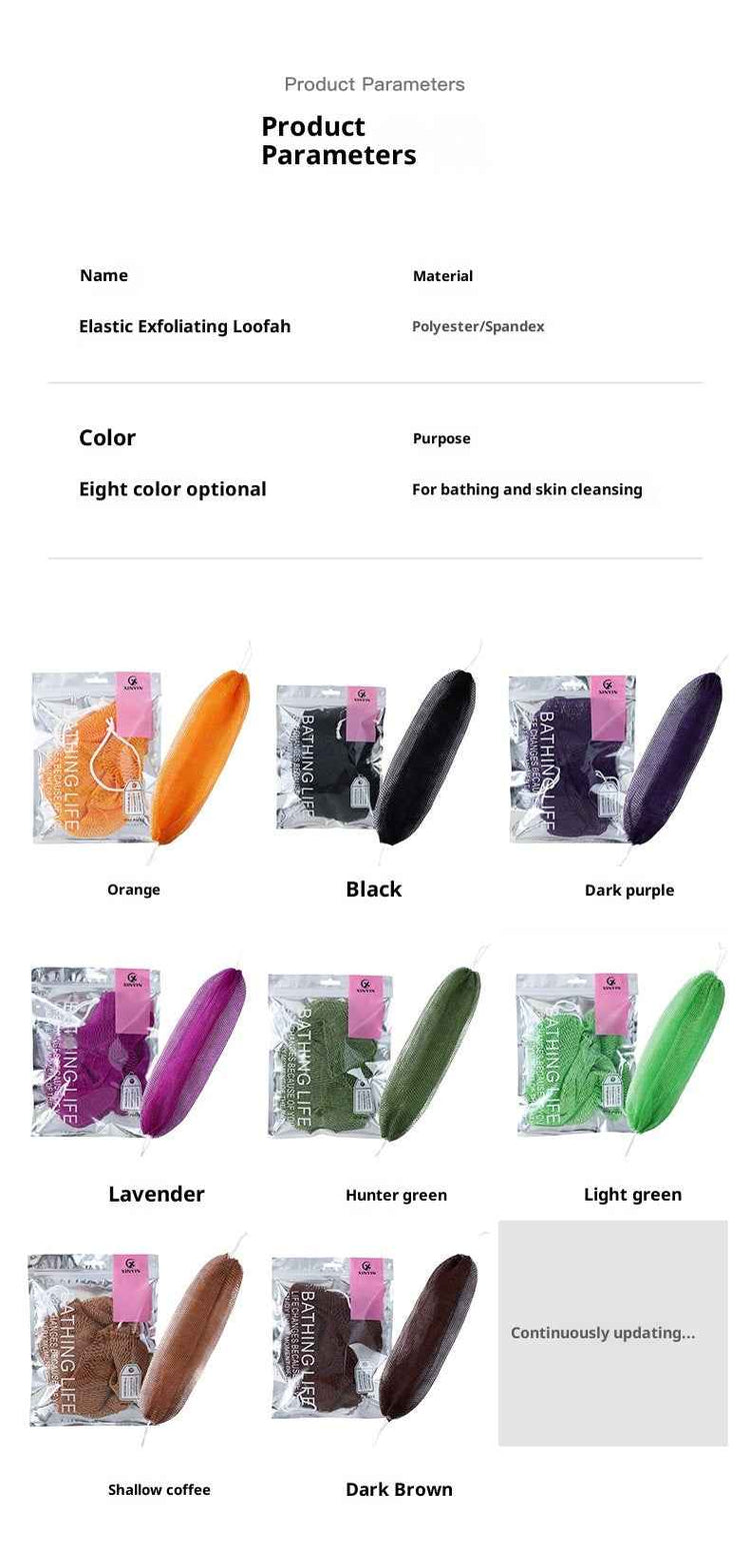 A product parameters and color options chart for elastic exfoliating loofahs. The chart lists product details and shows multiple packaged color options arranged in a grid: orange, black, dark purple, lavender, hunter green, light green, shallow coffee, and dark brown.