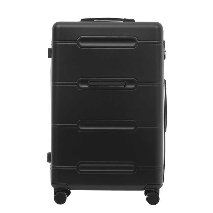 Black suitcase with wheels on a white background
