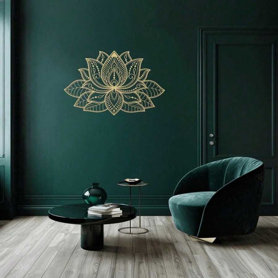 Iron Mandala Wall Art in gold on a dark green wall above a velvet chair. Adds elegance and zen ambiance to modern interiors.