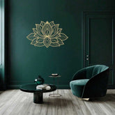 Iron Mandala Wall Art in gold on a dark green wall above a velvet chair. Adds elegance and zen ambiance to modern interiors.