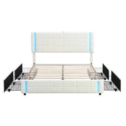 Queen Size Upholstered Platform Bed with LED Lights and USB Charging