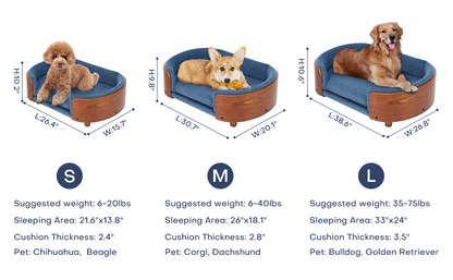 Size chart for Scandinavian Elevated Dog Bed in S, M, and L with pet weight guide, sleeping area dimensions, and cushion thickness details.