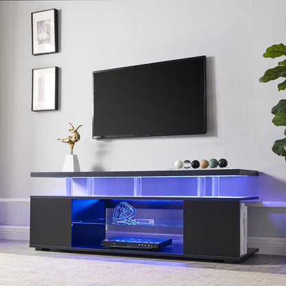 a tv stand with a blue light underneath it