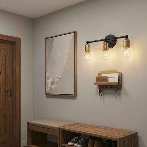 A modern wall-mounted three-light sconce with a black metal frame and warm brass/gold-toned shades, shown lit in a hallway entryway above a wooden bench and shelf.