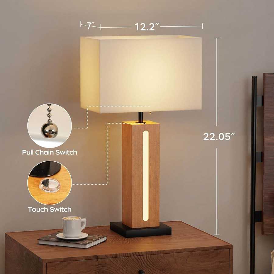 Table Lamps Set Of 2, Modern Dimmable Bedside Lamp With LED Nightlight, Rustic Farmhouse Square Wood Grain Nightstand Lamps With Linen Shades For Living Room Bedroom End Table