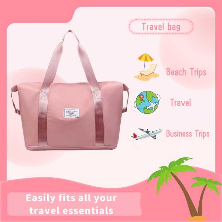 Pink travel bag with beach and travel icons on a pink background