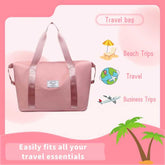 Pink travel bag with beach and travel icons on a pink background