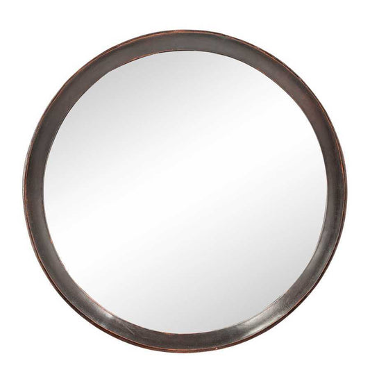 Round mango wood wall mirror with a dark brown frame, ideal for transitional decor in home and garden mirror collections.