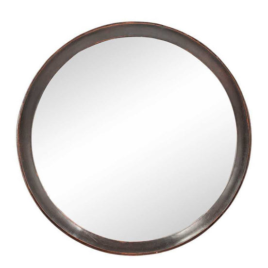 Round mango wood wall mirror with a dark brown frame, ideal for transitional decor in home and garden mirror collections.