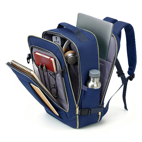 Blue backpack with compartments containing a laptop, notebook, and other items on a white background
