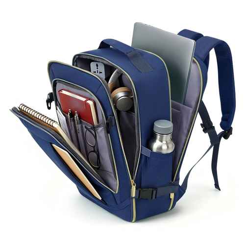 Blue backpack with compartments containing a laptop, notebook, and other items on a white background