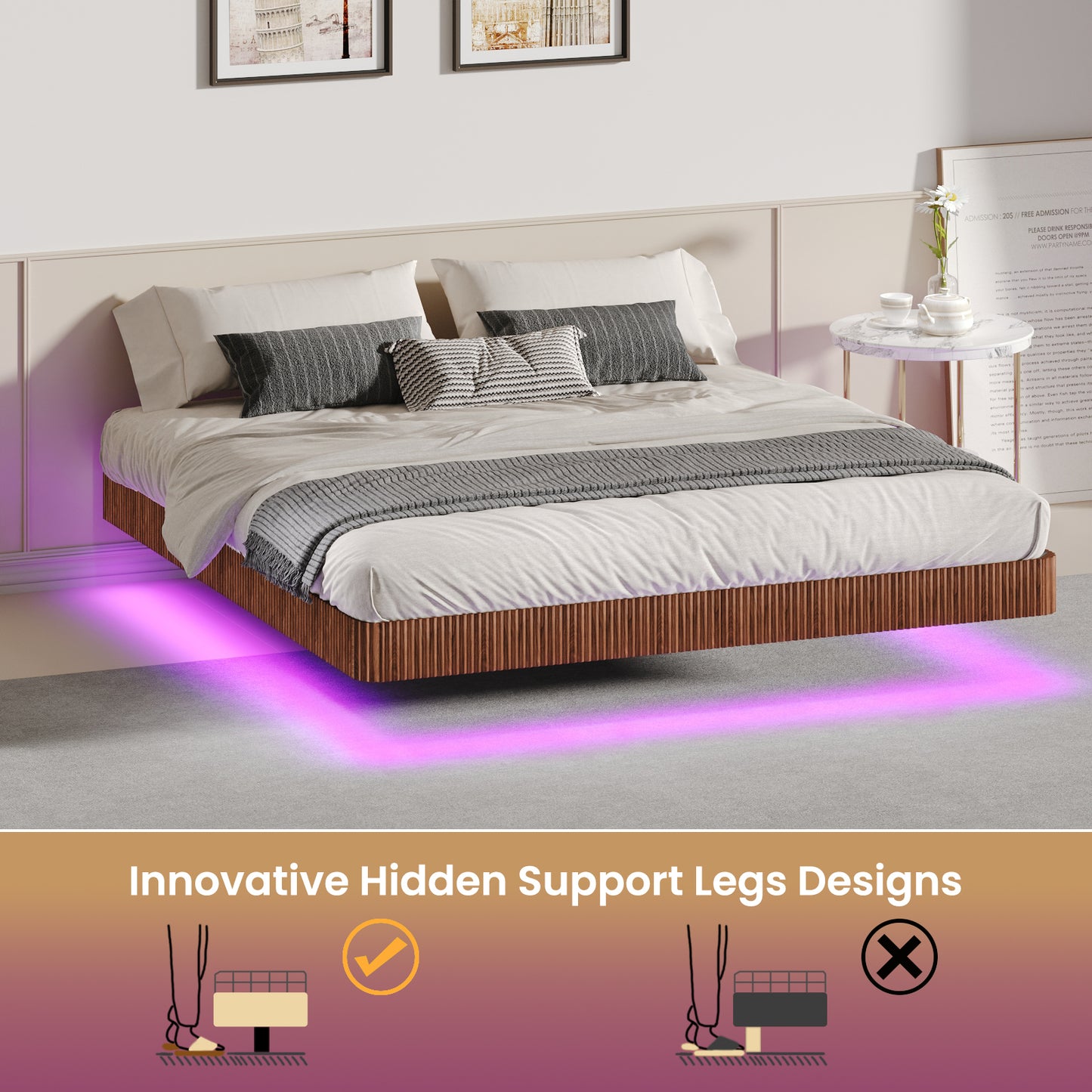Innovative king floating bed frame with LED lights and hidden support legs, walnut design with ambient purple glow.