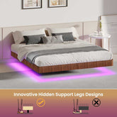 Innovative king floating bed frame with LED lights and hidden support legs, walnut design with ambient purple glow.