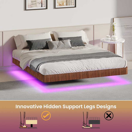 Innovative king floating bed frame with LED lights and hidden support legs, walnut design with ambient purple glow.