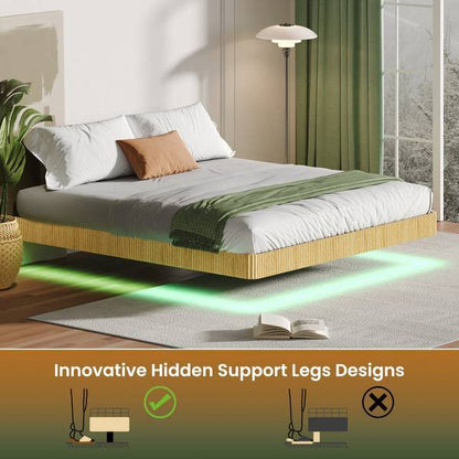 King Floating Bed Frame with LED Lights featuring hidden support legs and glowing green LED strip for a floating illusion.