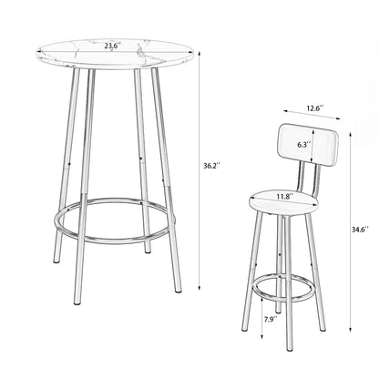 Dimension diagram of 3-piece bar table set showing table height of 36.2 inches and stool height of 34.6 inches, perfect for ergonomic seating.