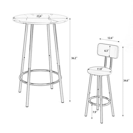 Dimension diagram of 3-piece bar table set showing table height of 36.2 inches and stool height of 34.6 inches, perfect for ergonomic seating.