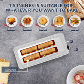 Top view of PlumChef 4-Slice Toaster with 1.5-inch wide slots, ideal for baking muffins, waffles, bagels, toast, and burgers with even heat.