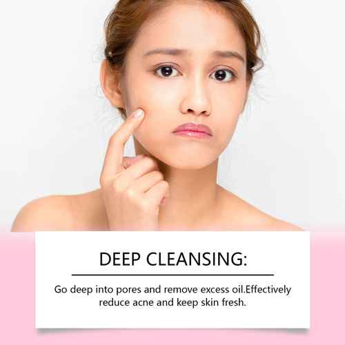 Woman pointing to her face with text about deep cleansing on a light pink background